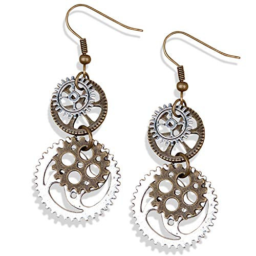 DAMLENG Steampunk Vintage Clockwork Earrings Unique Handmade Retro Clock Gear Earrings Antique Mix-tone Drop Earrings for Women Men Silver