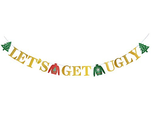 Lets Get Ugly Banner Gold Glitter Ugly Sweater Party Supplies Banner Christmas Banner Christmas Party Favors Christmas Party Decorations