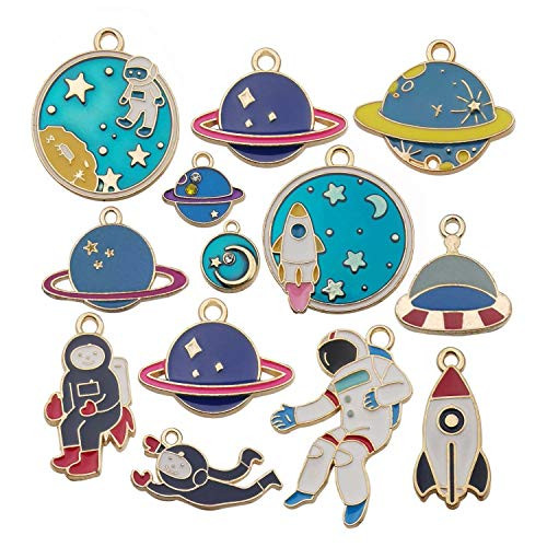 iloveDIYbeads 24pcs Assorted Gold Plated Enamel Planet Astronaut Charm Pendant for DIY Jewelry Making Necklace Bracelet Earring DIY Jewelry Accessories Charms M343