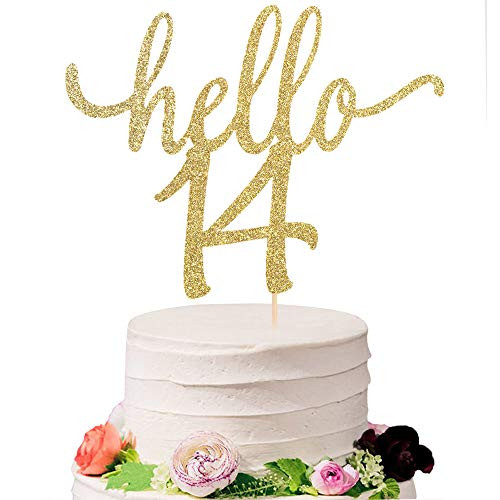 Eiveny Golden Glitter Hello 14 Cake Topper - Cheer to 14th Years - 14 and Fabulous Cake Topper - Wedding Anniversary Party Sign Decorations 14