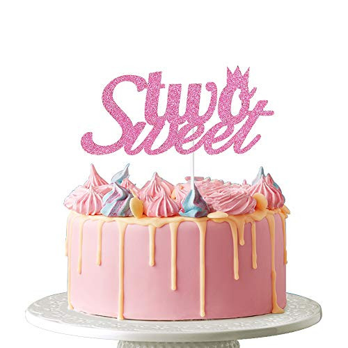 Two Sweet Cake Topper - Kids 2nd Birthday Cake Decoration Two Years Old Birthday Party Decor Pink Glitter