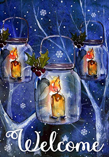 Texupday Welcome Candle Mason Jar Winter Snowy Night Garden Flag Outdoor Yard Flag 12 x 18