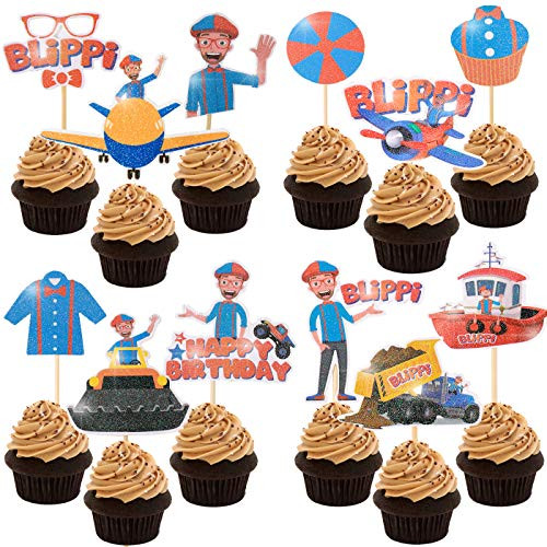Blippi Cake Cupcake Toppers Boys Birthday Party Supplies Decoration for Kids 2nd 3rd 4th 5th Blippi Birthday Theme Party 24 Pack Blippi Glitter Birthday Cake Cupcake Topper