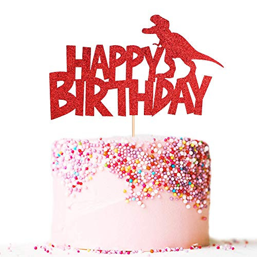 Artczlay happy birthday cake topper red glitter dinosaur cake topper boy and girl dinosaur theme birthday party cake decoration