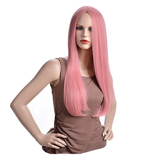 BERON 26 Long Straight Hair Cosplay Costume Party Wig with Wig Cap Pink