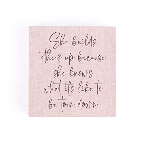 P_ Graham Dunn She Builds Others Up Pink Linen 3_38 x 3_38 Pine Wood Word Block Plaque
