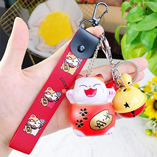 VASTAIR Lucky Cat Keychain Key Ring Hand Wrist Strap Lucky Cat Fortune Cat Bell Keyring Cartoon Cat Women Bag Hanging Pendant Cat Kitty Key Chains FengShui Cat Pendant with BellRed