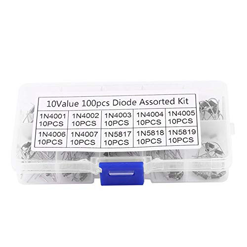 100Pcs 10Values Rectifier Diode Assortment Kit High Efficiency Electronic Rectifier Diode Assortment 1N4001~1N5819 with Box for Converting AC Power to DC Power