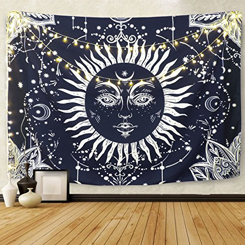 Blue Tapestry Psychedelic Sun and Moon Tapestry for Bedroom Living Room Decor Wall Hanging Tapestry Dark Blue White Celestial Tapestry Indian (Moon and Sun, 51.2"×59.1")