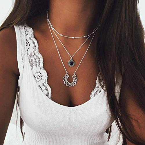 Edary Vintage Layered Necklace Lotus Pendant Silver Beaded Necklaces Jewelry for Women and Girls
