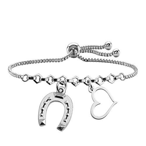 BAUNA Lucky Horseshoe Bracelet Love Heart Pendant Good Luck Horseshoe Charm Adjustable Link Bracelet for Cowboy Cowgirl Horse Lover Gifts Equestrian Riding Gift Horseshoes bracelt