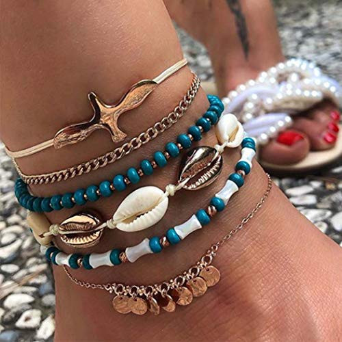 Evild Boho Layered Anklets Gold Shell Ankle Bracelet Elastic Cross Anklet Set Summer Adjustable Foot Jewelry for Women and GirlsPack of 6