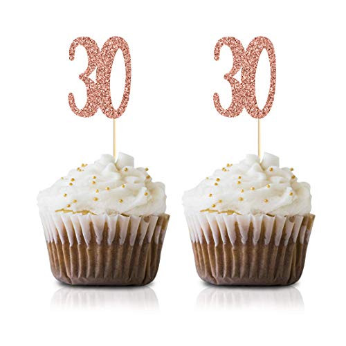 Rose Gold 30th Birthday Cupcake Topper 24-Pack Number 30 Glitter Happy Birthday Party Cupcake Toppers Decorations