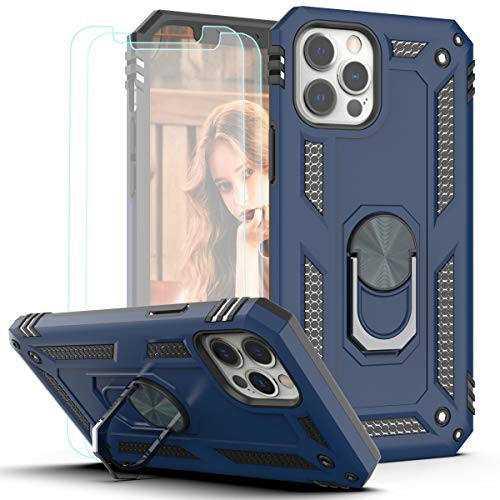KaiMai iPhone 12 Pro Max Case with HD Screen Protector 2Pack 360 Degree Rotating Ring   Bracket Dual Layers of Shockproof TPU and Solid PC Phone Case for Apple iPhone 12 Pro Max 6_7 inch-Blue