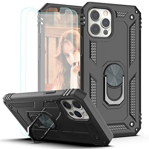 KaiMai iPhone 12iPhone 12 Pro Case with HD Screen Protector 2Pack 360 Degree Rotating Ring   Bracket Dual Layers of Shockproof TPU and Solid PC Phone Case for iPhone 12 Pro 6_1 inch 2020-Black