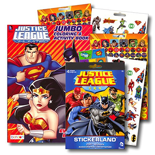 DC Studios Justice League Coloring Book Bundle with Over 295 Stickers Specialty Separately Licensed GWW Reward Sticker ~ Batman Superman Wonder Woman Aquaman Cyborg