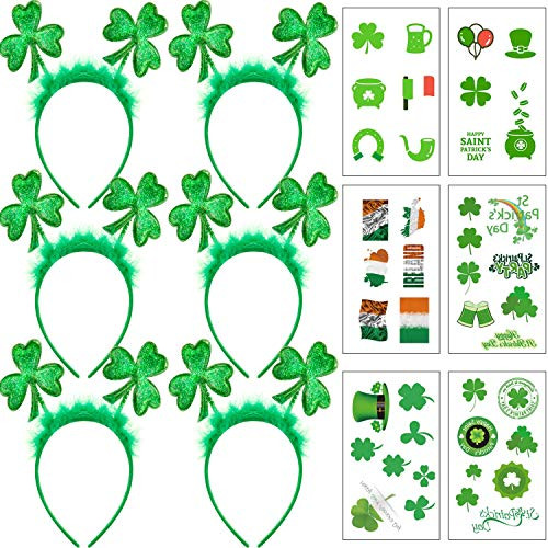 6 Pack St_ Patricks Day Green Shamrock Clover Headbands Shamrock Head Boppers St Patricks Day Temporary Shamrock Tattoos Costume Accessories St Patricks Party Favors Decorations