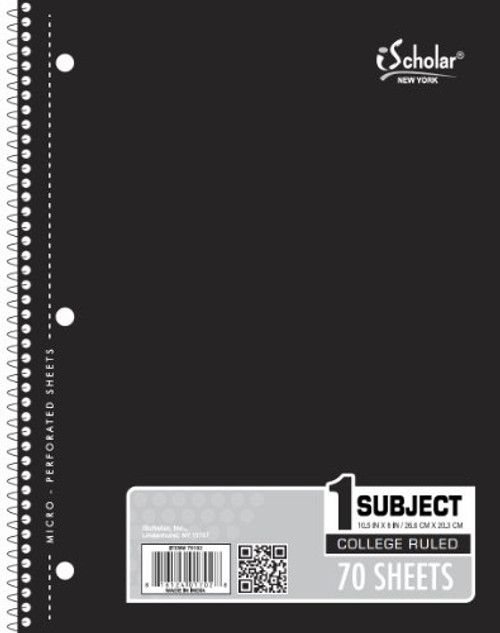 iScholar 1-Subject Wirebound Notebook, 70 Sheets, College Ruled, 10.5 x 8-Inches, Cover Color May Vary (78102)