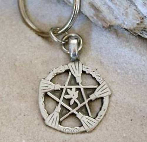 Pewter Witch Broom Pentagram Pagan Wiccan Pentacle Halloween Keychain Key Tag