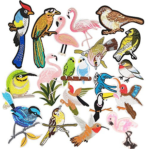 Libiline Assorted of 20pcs Embroidered Patch Birds Sew OnIron On Patch Applique Clothes Dress Plant Hat Jeans Sewing Flowers Applique DIY Accessory Assorted of Birds
