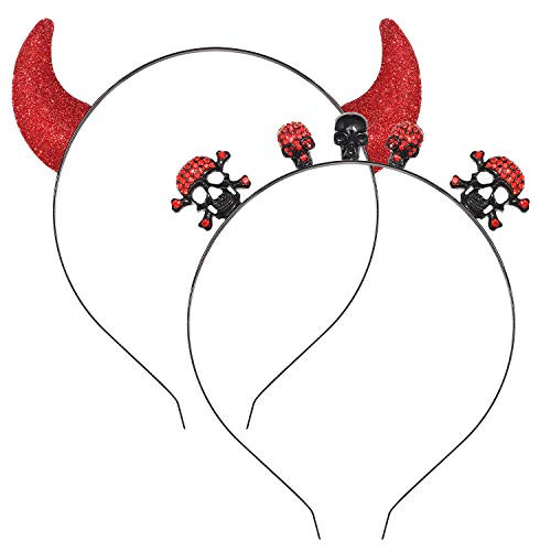 Halloween Headbands Glitter Devil Horns Ear Headband Sparkly Ghost Skull Hair Hoop for Halloween Party Costume Supplies 2pcs