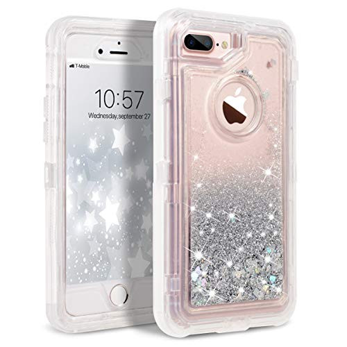 VANVENE iPhone 8 Plus Case iPhone 7 Plus Case Glitter 3D Bling Sparkle Flowing Liquid Case Transparent 3 in 1 Shockproof TPU Silicone  PC Cover Compatible for iPhone 8 Plus 7 Plus- Silver