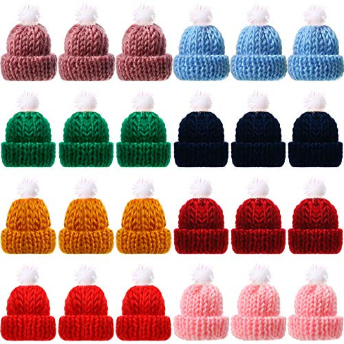 24 Pieces Mini Knitting Hats Christmas Mini Knitting Doll Hats Mini Wool Hat for Christmas Ornaments DIY Art and Craft Assorted Color