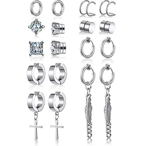 9 Pairs Non Pierced Magnetic Stud Earrings Stainless Steel Feather Dangle Earrings CZ Magnet Earring Hinged Cross Hoop Earrings Set Silver