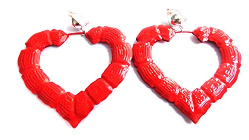 Clip-on Earrings Large Bamboo Heart Hoop Earrings Assorted Colors 3_5 inch Red