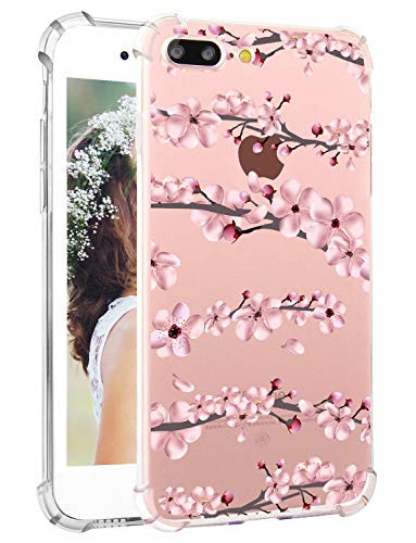 Hepix iPhone 8 Plus Floral Case iPhone 7 Plus Clear Case Cherry Blossom Flowers Pattern Soft Flexible TPU Phone Case with Four Bumper Shock-Absorption