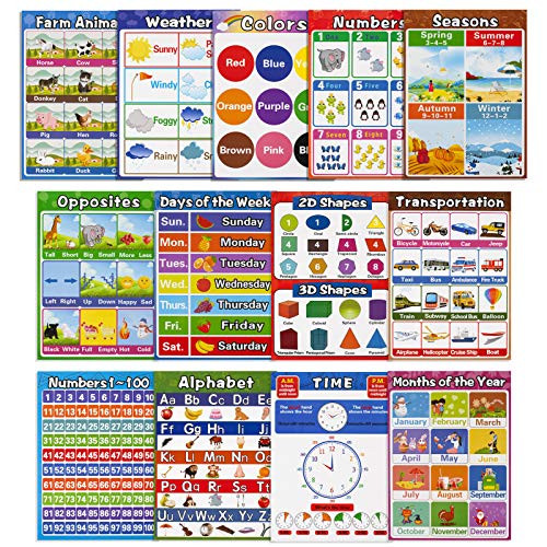 Educational Preschool Posters for Kids Toddlers Laminated Early Learning Charts Set with Tape for Nursery Homeschool Kindergarten Classroom Teach Alphabet Numbers Shapes Time and More 13Pack