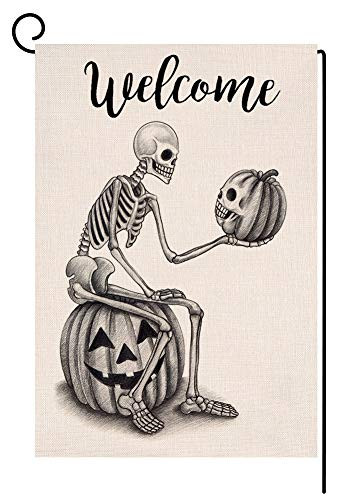 BLKWHT 103449 Welcome Halloween Skull Pumpkin Small Garden Flag Vertical Double Sided 12_5 x 18 Inches Sitting Skeleton Burlap Yard Outdoor Decor