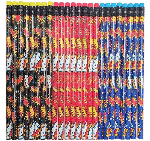 Zugar Land Assorted Superhero Pencils Pack of 24 Super Hero 7_5 inches _ 1 Pack - 24 Pencils Colorful - Blue Red and Black_ Pow Bam Whack