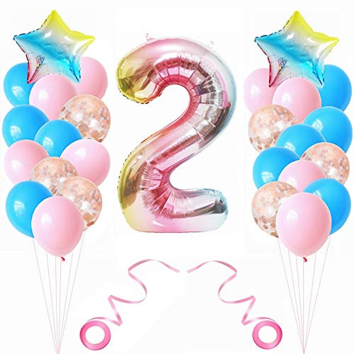 Kiwochy 2nd Birthday Decorations Kit 2nd Birthday Party Supplies Set Girl Two Birthday Decoration Two Birthday Balloon Number 2 Foil Balloon for Girl Birthday Anniversary Ceremony