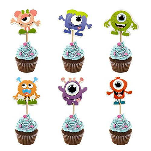 48PCS Monsters Cupcake Toppers for Kids Birthday Party Cake Decoration