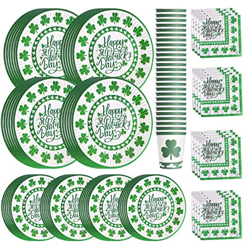 St Patricks Day Paper Plates Napkins Cups for 24 Guests Green Shamrocks Dinner Irish Party Supplies Disposable Dinnerware Set Decoration Serves 24