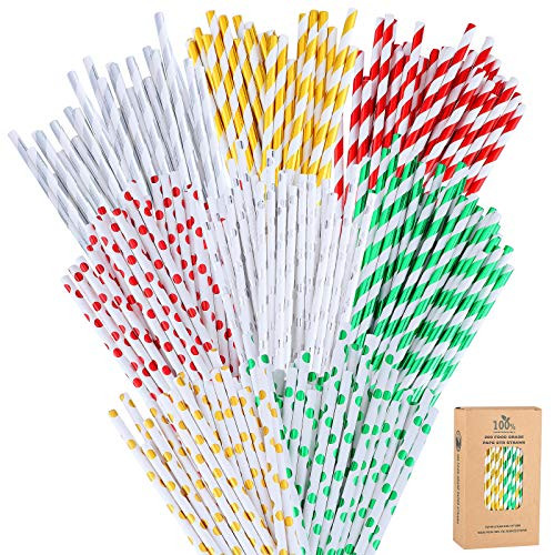 URATOT 200 Pieces Christmas Foil Paper Straws Red Gold Green and Silver Stripe and Dots Biodegradable Drinking Straws for Christmas Party Supplies 8 Style