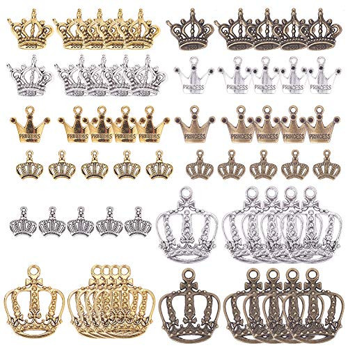 SUNNYCLUE 1 Box 60Pcs 4 Style Crown Charms Pendants Tibetan Style Antique Silver Bronze King Crown Findings Jewelry Making Accessory for DIY Necklace Bracelet Lead Free   Nickel Free   Cadmium Free