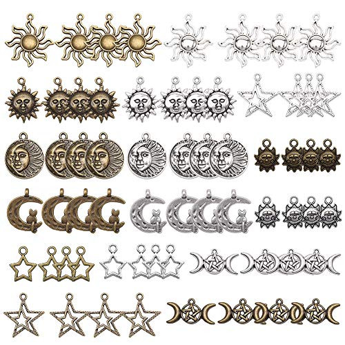 SUNNYCLUE 64Pcs 8 Style Sun Moon Stars Charms Pendants Alloy Tibetan Style Jewelry Findings Making Accessory Mixed for DIY Necklace Bracelet Crafting Cadmium Free   Lead Free
