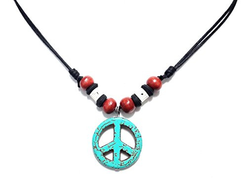 Nove Jewelry Leather Peace Sign Necklace - Peace Symbol Necklace - Stone Peace Sign Pendant - Adjustable Black Cord Turquoise Nove Jewelry Leather Peace Sign Necklace - Peace Symbol Necklace - Stone Peace Sign Pendant - Adjustable Black Cord Turquoise
