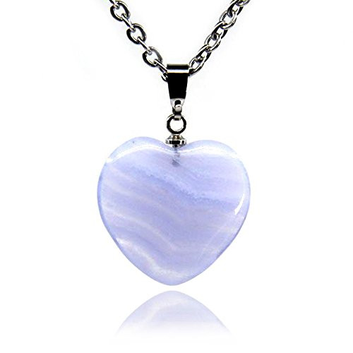 Gemstone Natural Blue Lace Agate Heart Charm Pendant Necklaces 18 Inch