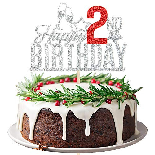Happy 2nd Birthday Cake Topper - Two-year-old Cake Topper Babys 2nd Birthday Cake Decoration 2nd Birthday Party Decoration Silver and Red Happy 2nd Birthday Cake Topper - Two-year-old Cake Topper Babys 2nd Birthday Cake Decoration 2nd Birthday Party Decoration Silver and Red