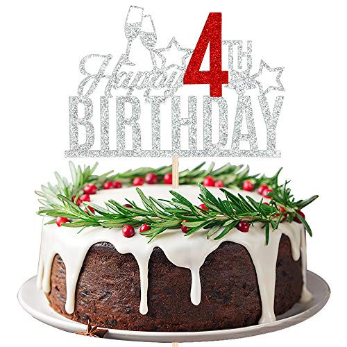 Happy 4th Birthday Cake Topper - Four-year-old Cake Topper Babys 4th Birthday Cake Decoration 4th Birthday Party Decoration Silver and Red
