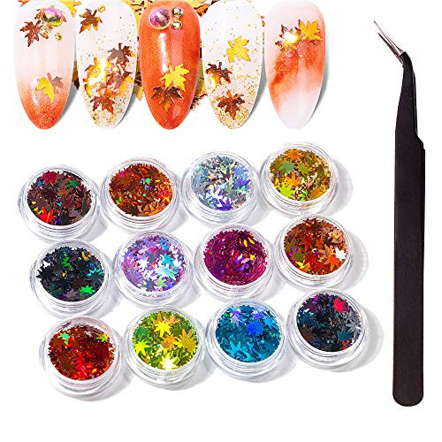 12 Boxes Colored Maple Leaf Sequins Laser Nails Art Glitters Thin Paillette Flakes Stickers Manicure DIY Nail Art Supplies Fall Nail Decals Decoration