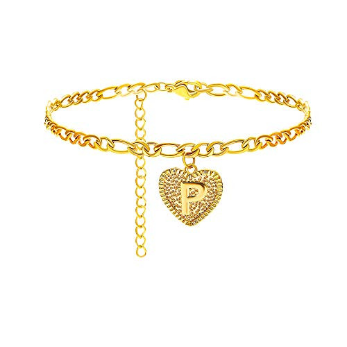 Heart Initial Ankle Bracelets for Women 14K Gold Letter Anklet Stainless Steel Figaro Chain Anklet Cute Anklets for Teen Girls Alphabet Initial Anklet Summer Beach Foot Jewelry P