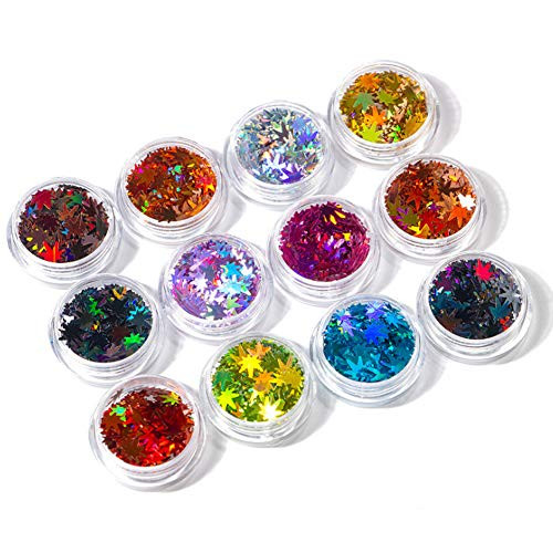 12 Colors Fall Maple Leaf Glitter Nail Art Sequins 3D Autumn Maple Leaf Flakes Holographic Nail Art Sticker Decals