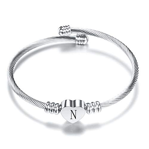 SBI Jewelry Silver Initial Letter Cuff Bracelet Girls Bangle Heart N Bracelets for Wife Granddaughter Birthday Gift SBI Jewelry Silver Initial Letter Cuff Bracelet Girls Bangle Heart N Bracelets for Wife Granddaughter Birthday Gift