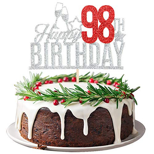 Happy 98th Birthday Cake Topper - Ninety eight-year-old Cake Topper 98th Birthday Cake Decoration 98th Birthday Party Decoration Silver and Red