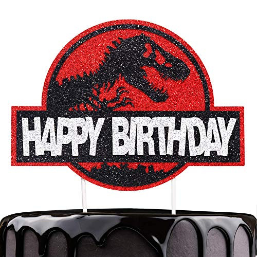 Artczlay dinosaur theme happy birthday glitter cake topper dinosaur theme birthday party cake decoration for boys and girls red