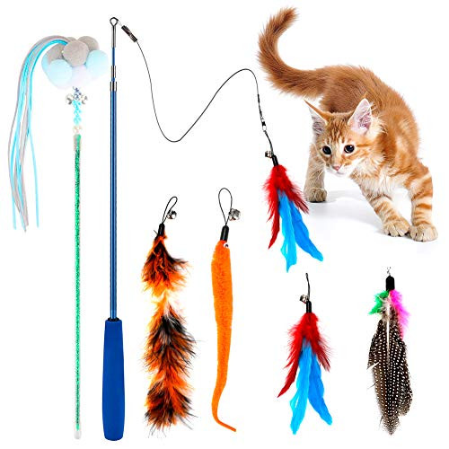 Lamoutor Cat Teaser Wands Feather Teaser Cat Toy 6Pcs Retractable Wand with Assorted Teaser Refills for Cat Kitten Having Fun Exercise Playing